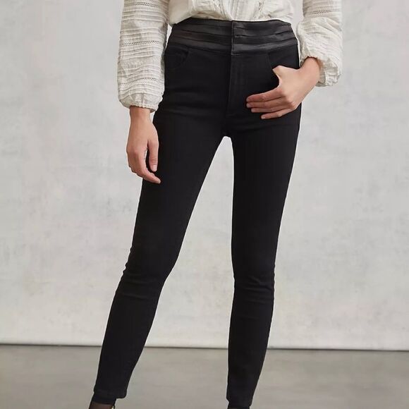 Pilcro Ultra High-Rise Satin-Trimmed Slim Jeans | Anthropologie | Color:Black - Picture 2 of 3